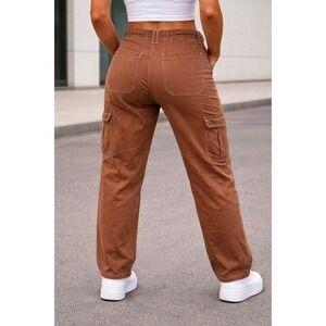 Fashion Nova Brown Cargo Pants White Contrast Stitch Utility Carpenter Size 11